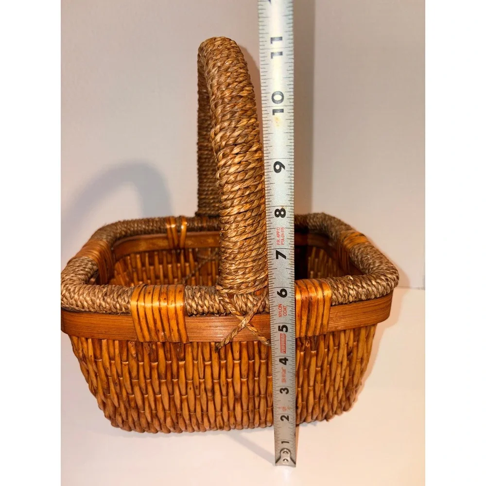 Vintage Woven Wicker Basket with Seagrass Wrapped Handle Rectangular Brown Decor
